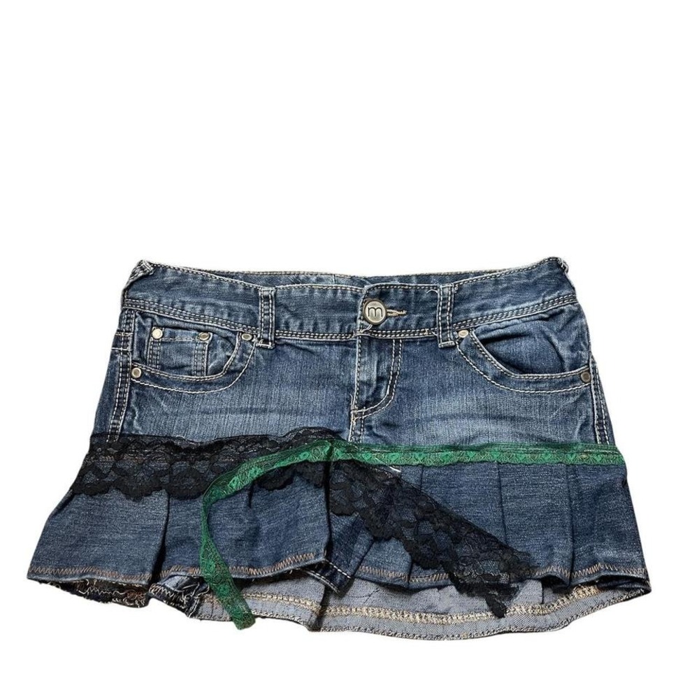 Maurices blue denim mini skirt with lace trim and pleats